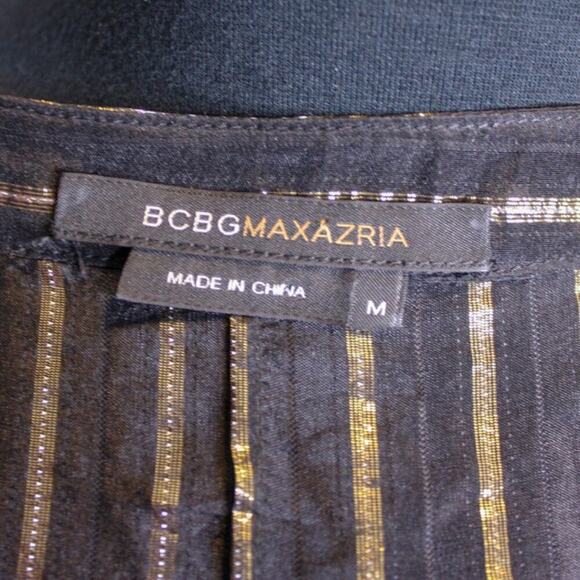 BCBGmaxazaria  Silk Blouse Short Sleeve Black Gold Striped V Neck M - Picture 4 of 5